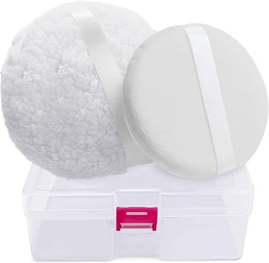 2pcs Powder Puffs, 6'' Powder Puff for Body and 5'' Dusting Powder Puff and Container, Extra Large, Fluffy Soft, Reusable&Washable