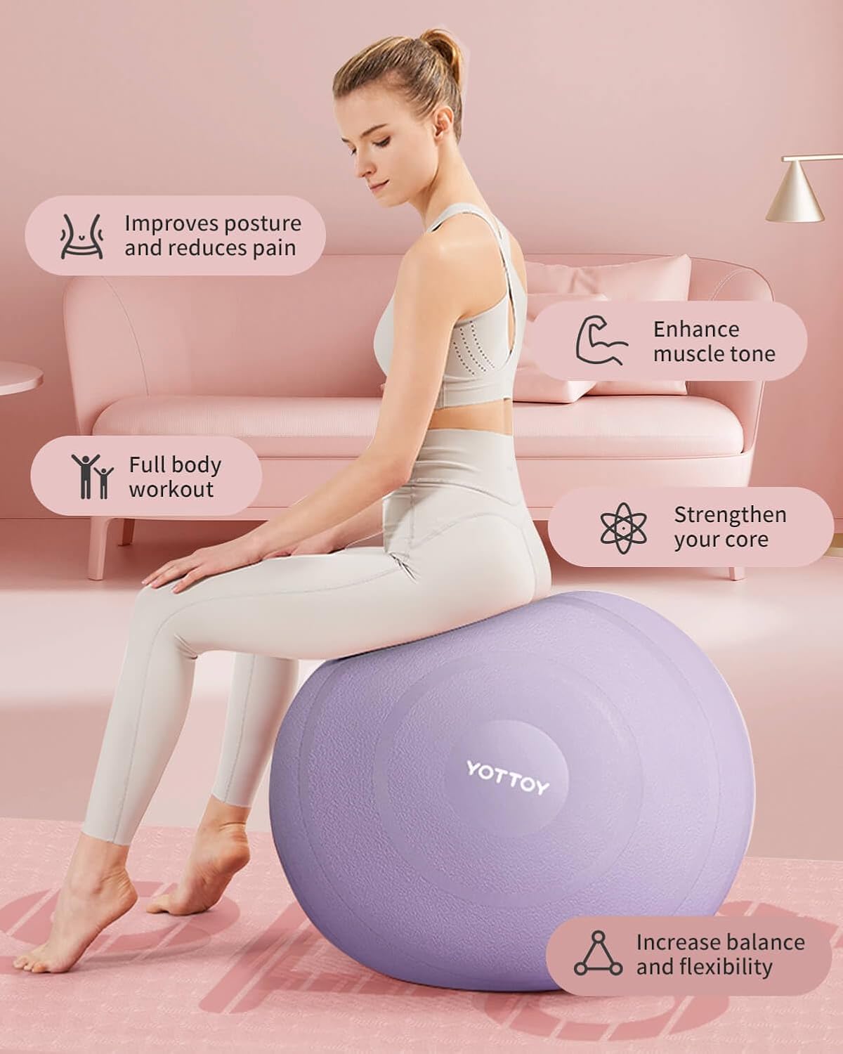 Anti-Burst Exercise Ball for Working Out, Yoga & Pregnancy, Extra Thick Workout Ball for Physical Therapy & Fitness (Lavernder)
