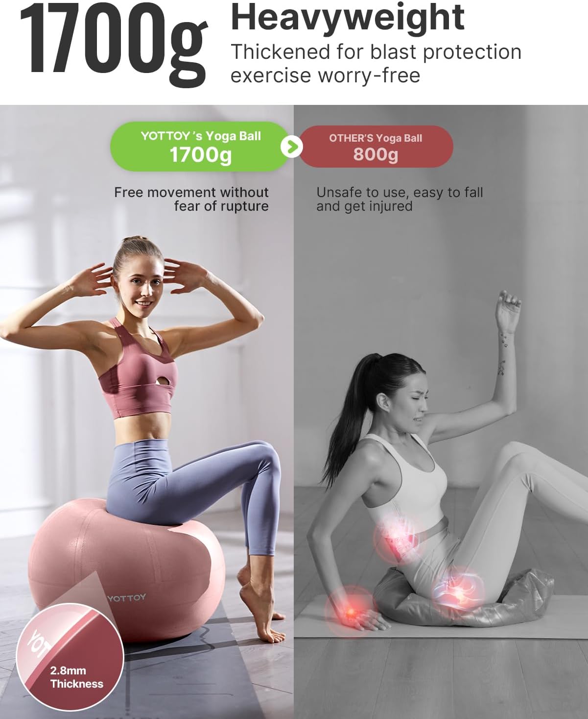 Anti-Burst Exercise Ball for Working Out, Yoga & Pregnancy, Extra Thick Workout Ball for Physical Therapy & Fitness (Pink)