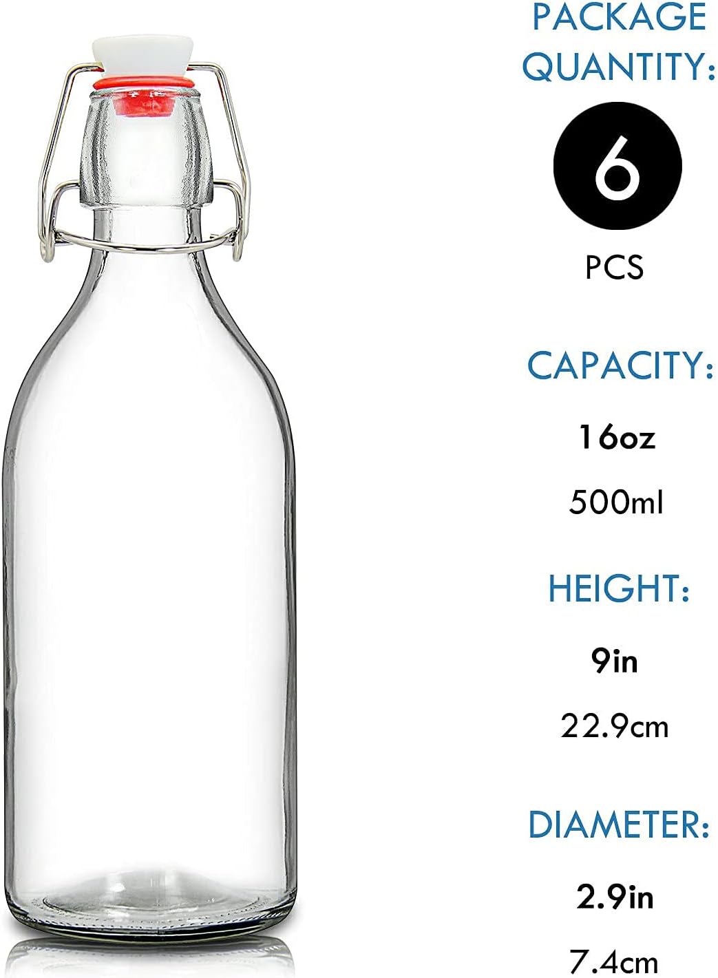 16oz Swing Top Bottles -Glass Beer Bottle with Airtight Rubber Seal Flip Caps for Home Brewing Kombucha,Beverages,Oil,Vinegar,Water,Soda,Kefir (6 Pack) (16 Oz- Set 6)
