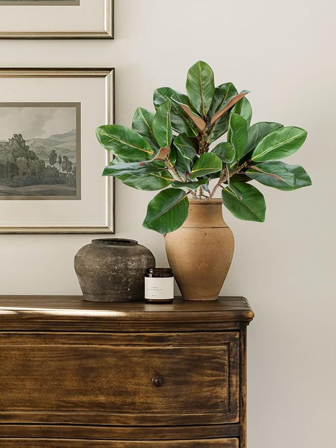Briful Faux Magnolia Branches 22 Inches Artificial Leaves Stems Faux Greenery for Home Bathroom Table Vase Farmhouse Decor (Dark Green - Pack of 3)
