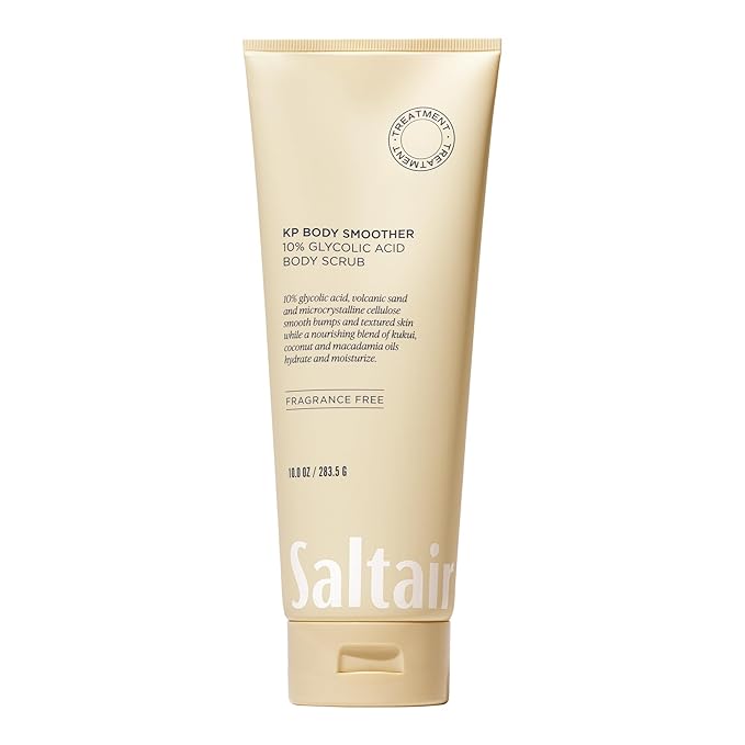 Saltair KP Body Scrub. 10% Glycolic Acid Treatment with Volcanic Sand and Plant Moisturizers. Fragrance-Free Physical Chemical Exfoliator. Exfoliating Body Scrubber for Rough Bumpy Skin, 10oz.