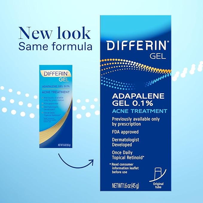 Differin Acne Treatment Gel, 180 Day Supply, Retinoid Treatment for Face with 0.1% Adapalene, Gentle Skin Care for Acne Prone Sensitive Skin, 45g Tube, Pack of 2 (Packaging May Vary)