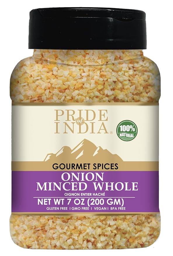 Pride of India- Minced Onion 7 oz (200 gm)- Ready to Use Fresh Onion- Time Saving Sweet & Salty Flavoured Ingredient- Perfect for Ramen, Soups, Meatballs, Marinades, Sauces, Dips & Stews- Gluten Free, Vegan, Non-GMO