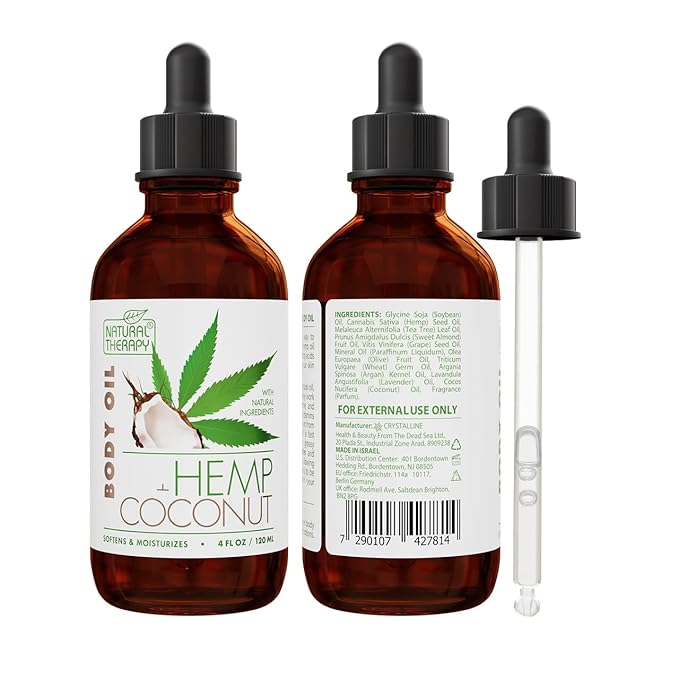 Natural Therapy Hemp & Coconut Body Oil – Moisturizing Body Oil – Hydrate & Soften Skin – Increase Skin Elasticity and Provide Anti-Aging Support (4 Fl.Oz)