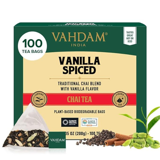 VAHDAM, Vanilla Spiced Chai Tea | 100 Tea Bags | Delicious Blend of Vanilla Masala Chai | Brew Hot, Cold or Iced