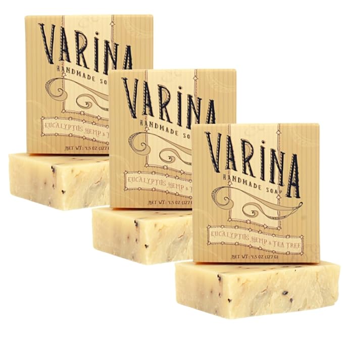 Varina Organic Eucalyptus Hemp & Tea Tree Bar Soap - Gentle Cleansing for Sensitive Skin, Herbal and Mint - 3 Pack
