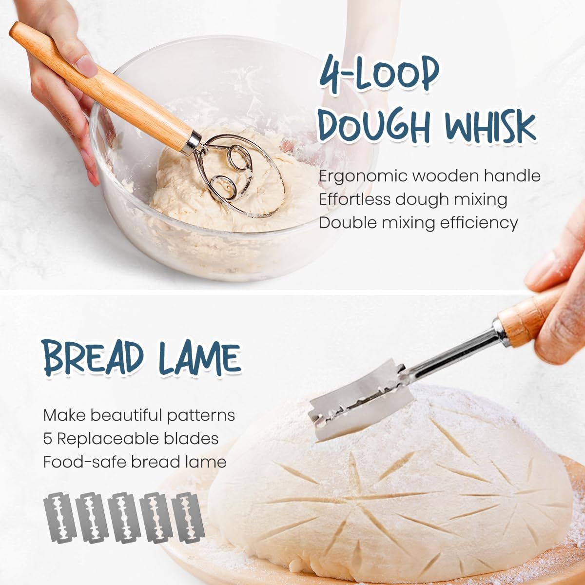 RORECAY Bread Banneton Proofing Basket Set, 9 Inch Round & 10 Inch Oval Cane Sourdough Baskets with Dough Whisk Lame Dough Scraper Bowl Scraper Silicone Brush Sourdough Bread Baking Supplies