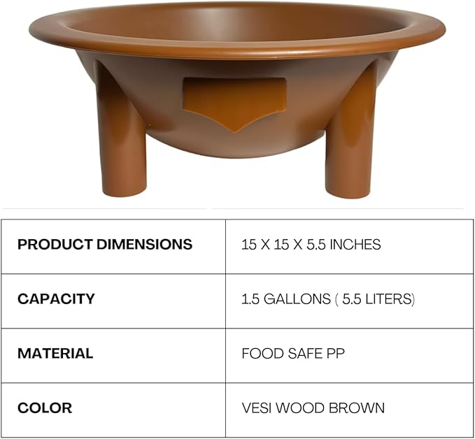 Kavafied Tanoa - Traditional Kava Bowl, 1.5 Gallons, Food Safe PP, 15"x15"x5.5" (Vesi Wood Brown)