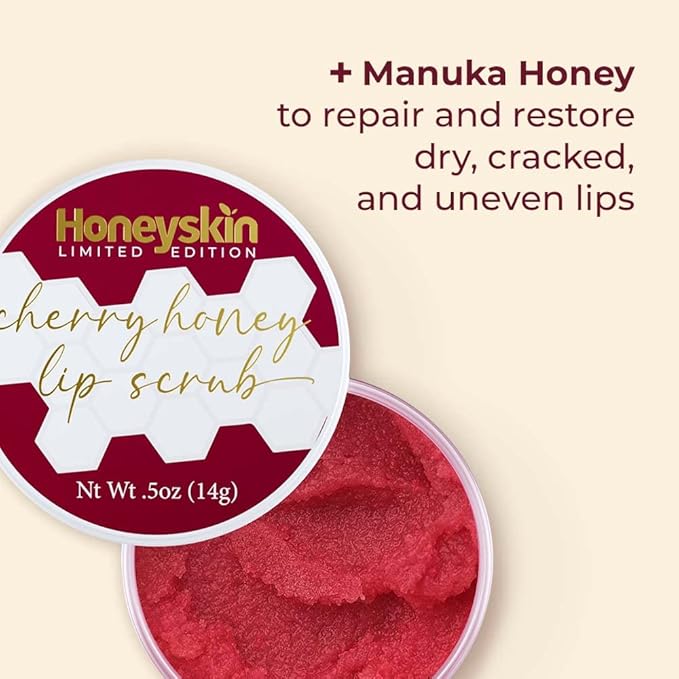 Lip Exfoliator Scrub and Lip Treatment - Gentle Lip Repair for Dry Cracked Lips and Lip Scrubs Exfoliator and Moisturizer - All Naturals Lip Brightening for Dark Lips (Cherry Honey)