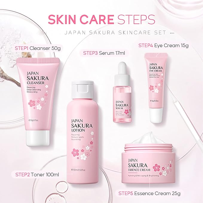 Skin Care Set - Women Gift Sets - Sakura Skin Care Sets & Kits - Gift Set with Cleanser,Toner,Serum,Eye Cream,essence Serum - Beauty Products For Women (SetC)