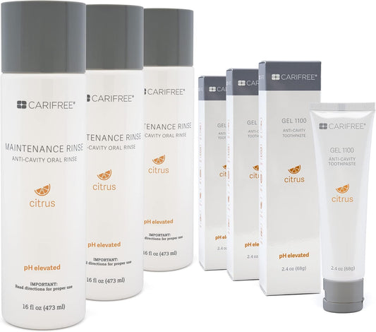 CariFree Maintenance & Prevention Kit, Citrus, Anti-Cavity Fluoride Toothpaste & Mouthwash Freshens Breath and Moistens Mouth, Dentist Recommended for Oral Care (6 Piece Set)