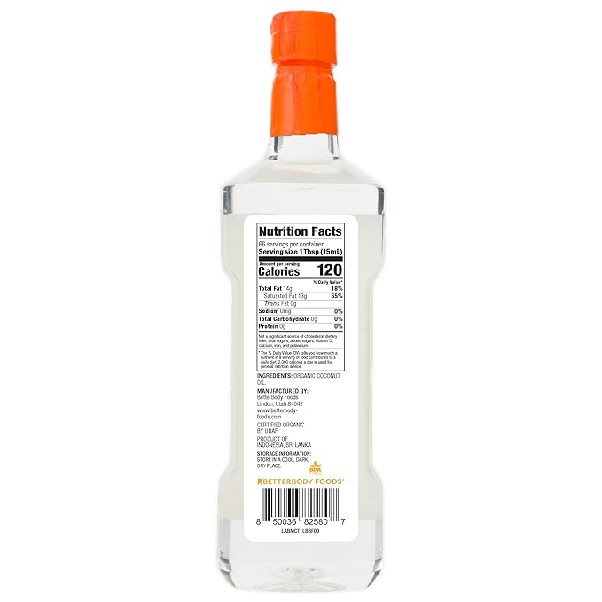 BetterBody Foods Organic Coconut MCT Oil - Energy Boosting- Keto-Friendly - C8 & C10 - Gluten Free - 1 Liter, 33.8 Fl Oz