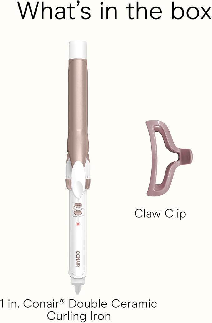 Conair Double Ceramic 1-Inch Curling Iron with Claw Clip, 1-Inch Barrel Creates Classic Curls, Hair Curler for Use on Short, Medium, and Long Hair, White/Rose Gold