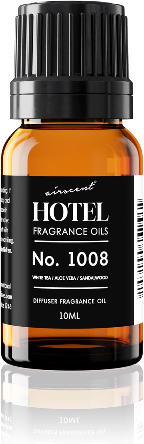 AirScent Hotel Diffuser Oil No. 1008 - White Tea, Aloe Vera & Sandalwood - Hotel Scent Dupe - Premium Fragrance Oil for Ultrasonic and Waterless Diffusers and Crafting - 10 mL, .34 fl oz Glass Bottle