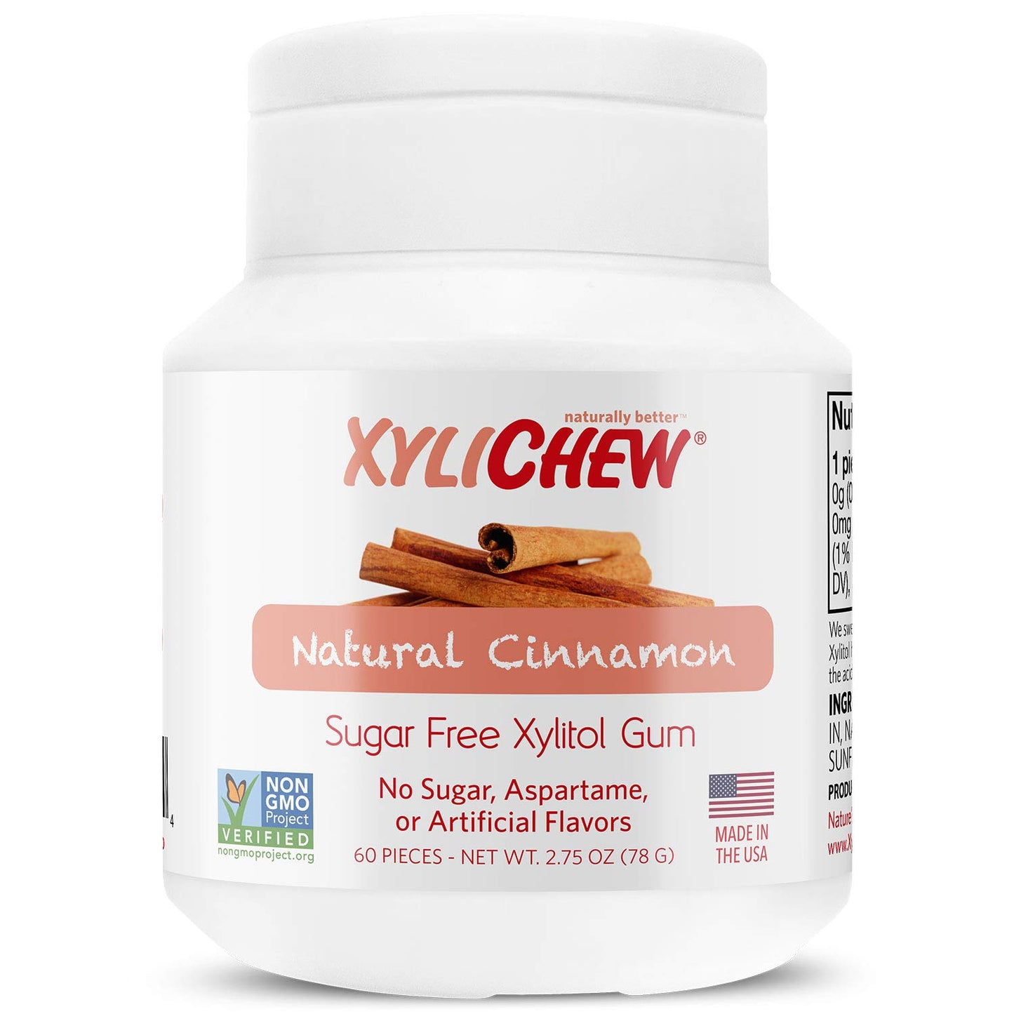 Xylichew 100% Xylitol Chewing Gum Jars - Non GMO, Gluten, Aspartame, and Sugar Free Gum - Natural Oral Care, Relieves Bad Breath and Dry Mouth - Cinnamon, 60 Count (Pack of 4)