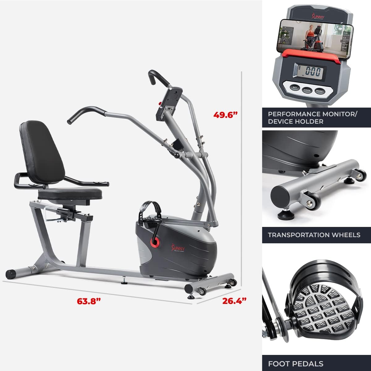 Sunny Health & Fitness Smart Recumbent Bike, Full-Body Home Training with Arm/Leg Exercisers, Indoor Cycling Workout Machine Plus Adjustable Seat & Bulit-in Pulse Sensors, Free SunnyFit App Connection
