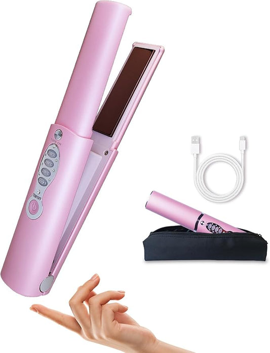 Travel Small Hair Straightener and Curler 2 in 1 for Short Hair, Cordless Titanium Flat Iron, Portable, USB-C Rechargeable, Fast Heating, Dual Voltage, 5000mAh Battery, 3 Temp Settings (Shocking Pink)