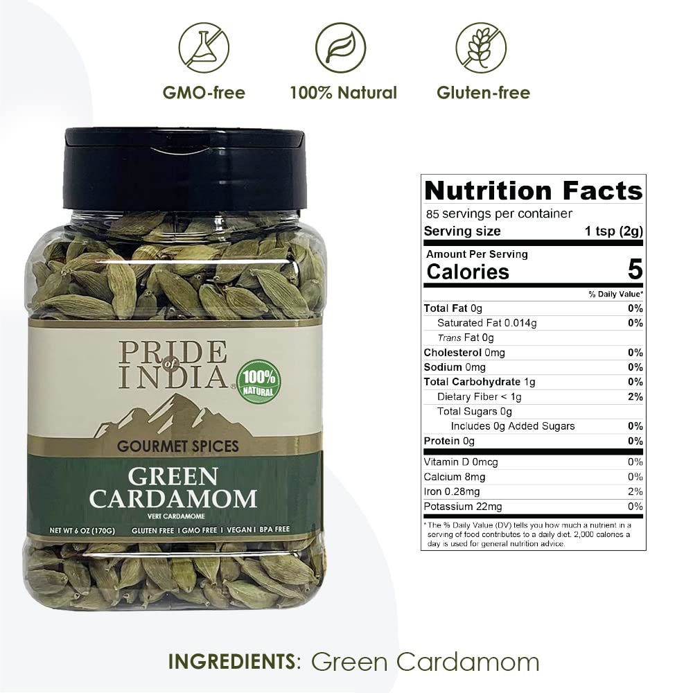 Pride of India - PACK of 6 - Green Cardamom Whole – Gourmet & Aromatic Spice – Flavoring agent for bakes/teas/drinks & more – Full Bodied Green Pods – 6 oz. Medium Dual Sifter Jar