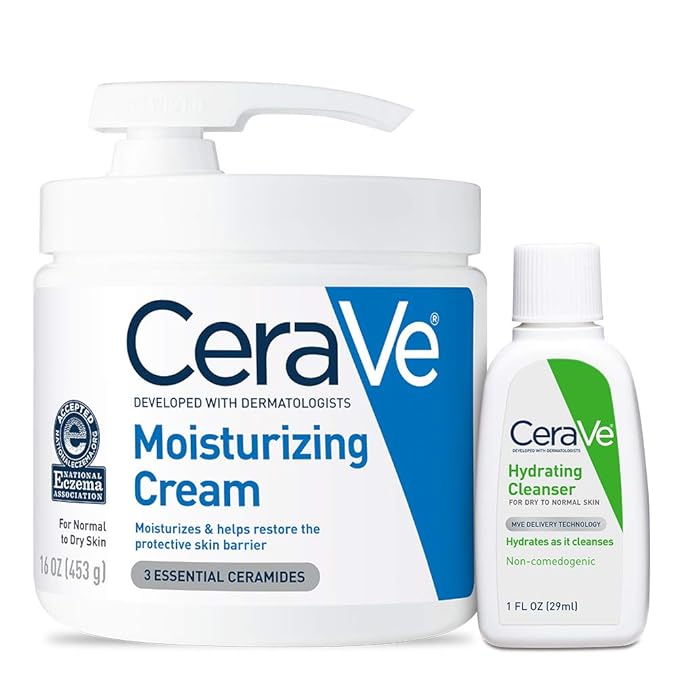 CeraVe Moisturizing Cream & Hydrating Facial Cleanser Skin Care Set, Combo Pack For Dry Skin Relief, Travel Essentials, 1oz Cleanser + 16oz Cream With Pump