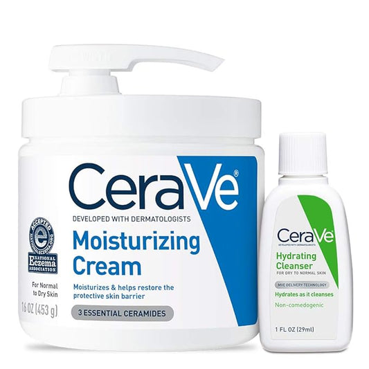 CeraVe Moisturizing Cream & Hydrating Facial Cleanser Skin Care Set, Combo Pack For Dry Skin Relief, Travel Essentials, 1oz Cleanser + 16oz Cream With Pump