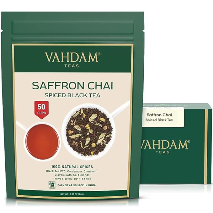 VAHDAM Saffron Spiced Chai (Loose Leaf, 50 Cups, 100g) | Black Tea with Cardamom, Cinnamon, Clove, Almond & Saffron | Enjoy Hot, Iced, or as a Chai Latte