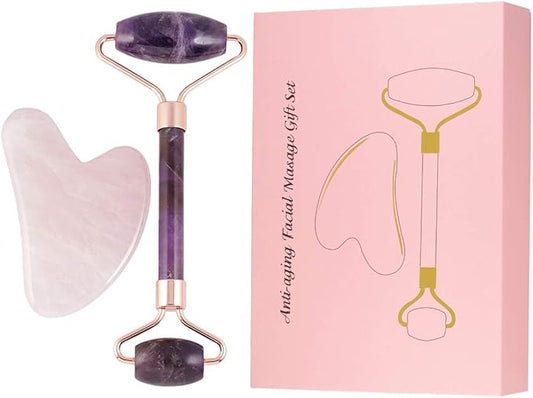 Rockcloud Natural Crystal Jade Roller and Gua Sha Scraping Set Massager Tool for Anti Aging Beauty Neck Body Reduce Wrinkles Facial Massager Therapy Amethyst and Rose Quartz