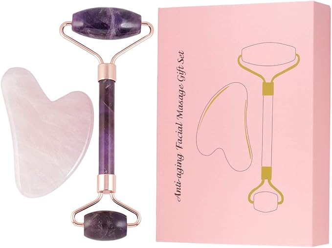 Rockcloud Natural Crystal Jade Roller and Gua Sha Scraping Set Massager Tool for Anti Aging Beauty Neck Body Reduce Wrinkles Facial Massager Therapy Amethyst and Rose Quartz