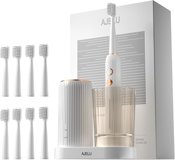 Electric Toothbrush Set with Drying & Sanitizing Holder, 8 Replacement Brush Heads, Transparent Rinse Cup, Smart Timer, USB Rechargeable for Adults