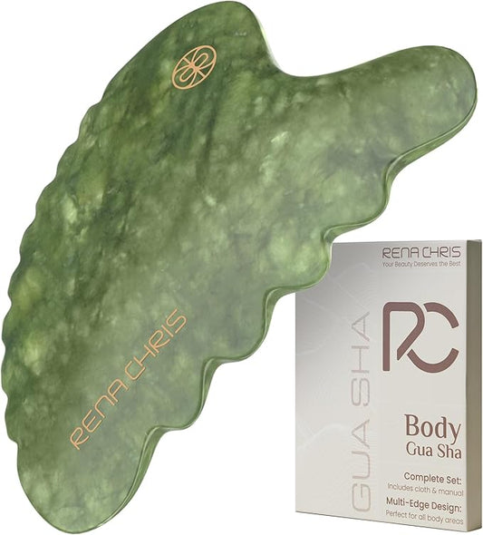 Rena Chris Body Gua Sha Tools, Natural Xiuyan Jade GuaSha Tool, Manual Massage Sticks for Jawline Sculpting and Puffiness Reducing, Whole Body Skin Care Massager (Green)