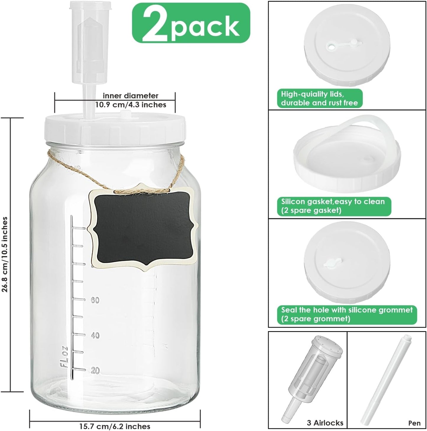 2 Pack 1 Gallon Large Fermentation Jars with 3 Airlocks and 2 SCREW Lids(100% Airtight Heavy Duty Lid w Silicone) - Wide Mouth Glass Jars w Scale Mark - Pickle Jars for Sauerkraut, Sourdough Starter