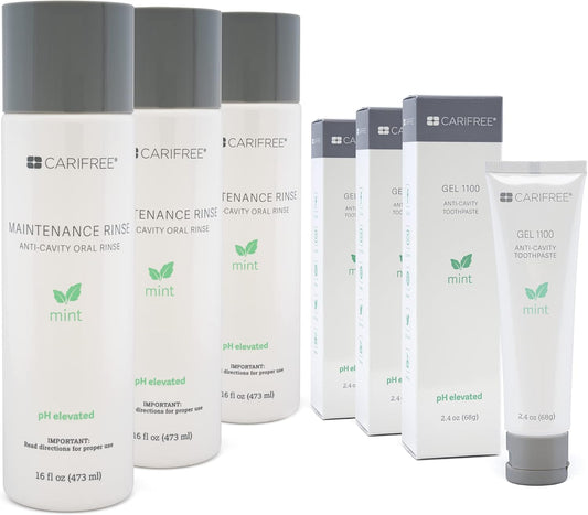 CariFree Maintenance & Prevention Kit, Mint Flavored | Anti-Cavity Fluoride Toothpaste & Mouthwash Freshens Breath and Moistens Mouth | Dentist Recommended for Oral Care (6 Piece Set)