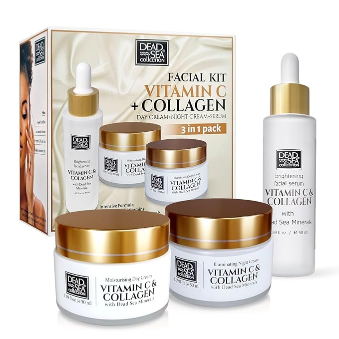 Dead Sea Collection Facial Kit - Day and Night Creams & Facial Serum with Vitamin C & Collagen - Anti-Aging and Anti-Wrinkle