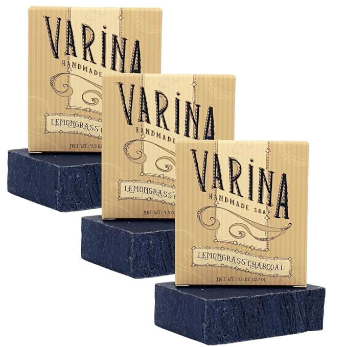 Varina Organic Lemongrass Soap - Charcoal Bar Soap - Gentle Cleansing for Sensitive Skin, Herbal and Mint - 3 Pack - Natural Charcoal Soap