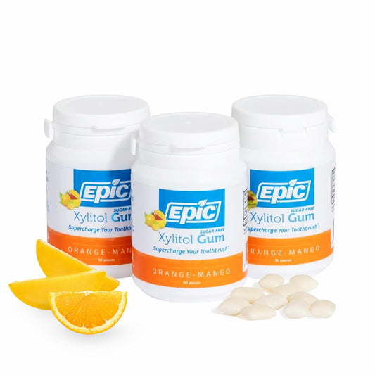 Epic 100% Xylitol Orange Mango Chewing Gum - Sugar Free, Aspartame Free Dental Gum - Supports Oral Health & Fresh Breath - 50 Pieces (Pack of 3)