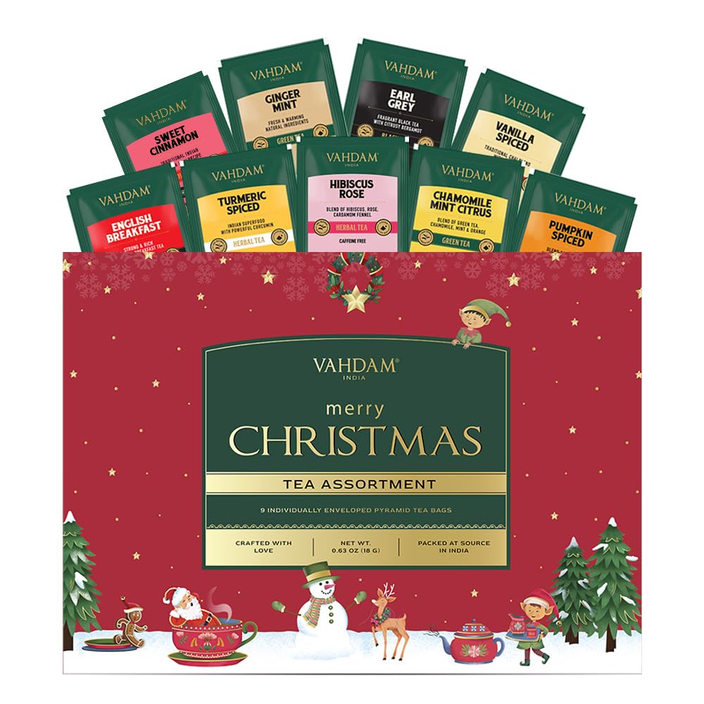 VAHDAM, Merry Christmas Tea Gift Set (9 Individually Wrapped Tea Bags) Limited Edition -Gluten Free, Non GMO | Christmas 2025 Gift Ideas | Christmas Gifts For Women 2025 & Christmas Gifts For Men 2025