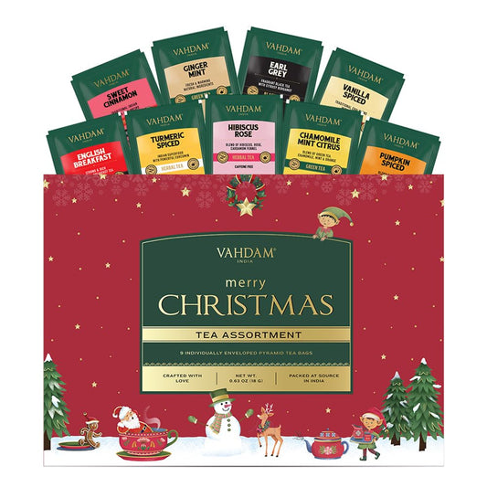 VAHDAM, Merry Christmas Tea Gift Set (9 Individually Wrapped Tea Bags) Limited Edition -Gluten Free, Non GMO | Christmas 2025 Gift Ideas | Christmas Gifts For Women 2025 & Christmas Gifts For Men 2025