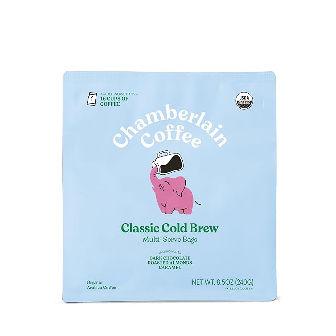 Chamberlain Coffee Elephant XL Cold Brew Bags - Premeasured, Ready to Brew - Contains 4 XL Cold Brew Bags, Makes 4 Cups of Coffee per bag