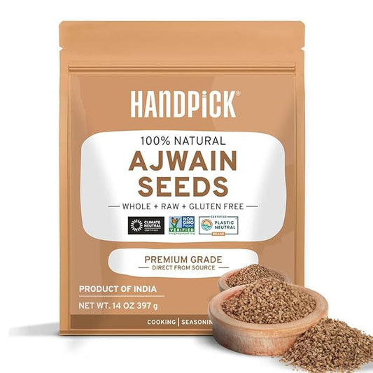HANDPICK Ajwain Seeds (397g/14oz) Whole Carom Seeds | Vegan, Gluten free, Non GMO | Raw Carom Bishops, Indian Origin | Packed in Resealable Ziplock Pouch
