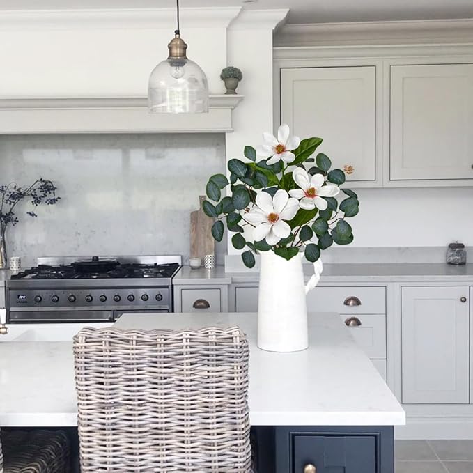 Briful Artificial Eucalyptus Stems 27in Faux Greenery Branches with Magnolia Flowers Spray Mixed Floral Greenery Bouquet for Home Vase Table Centerpiece Wedding Decoration