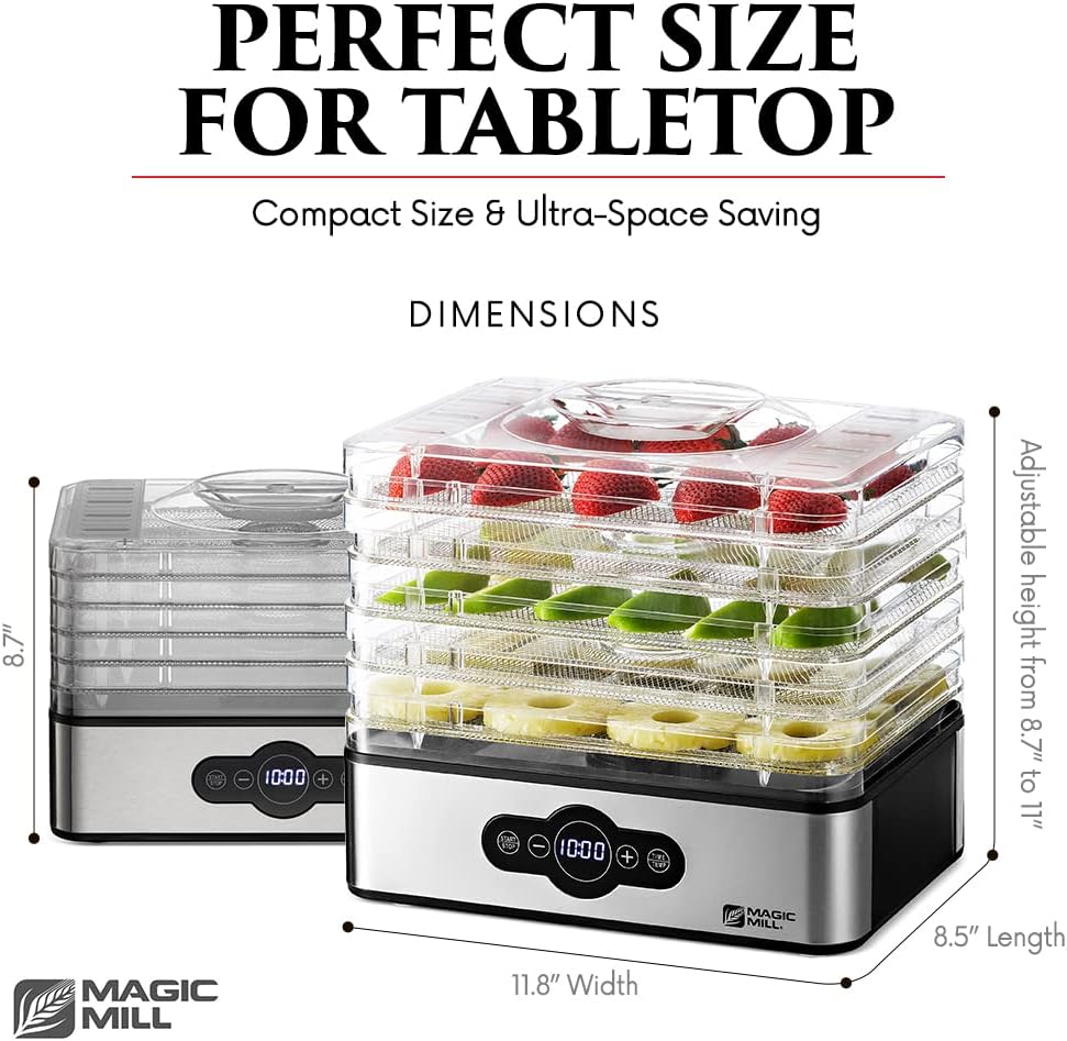 Magic Mill Food Dehydrator Machine | 5 Stackable Stainless Steel Trays Jerky Dryer with Digital Adjustable Timer & Temperature Control - Electric Food Preserver for Fruits, Veggies, Meats & Dog Treats