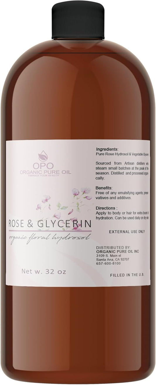 Rosewater Glycerin Mist Toner Bulk Spray Facial Body Floral Cleanser Pure Rose Hydrosol Vegetable Glycerine Moisturizing Cleansing Toning Mix Face Skin Hair Body - Packaging May Vary (32 Ounces)