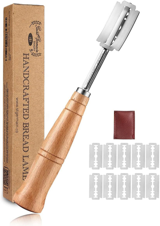 Premium Hand Crafted Bread Lame for Dough Scoring Knife, Lame Bread Tool for Sourdough Bread Slashing with 10 Blades Included with Replacement with Authentic Leather Protector Cover"
