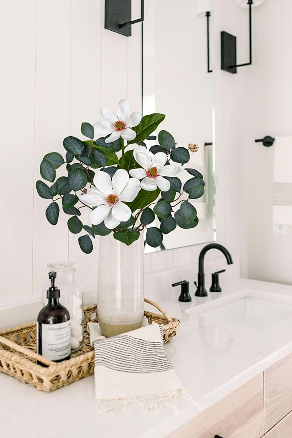 Briful Artificial Eucalyptus Stems 27in Faux Greenery Branches with Magnolia Flowers Spray Mixed Floral Greenery Bouquet for Home Vase Table Centerpiece Wedding Decoration