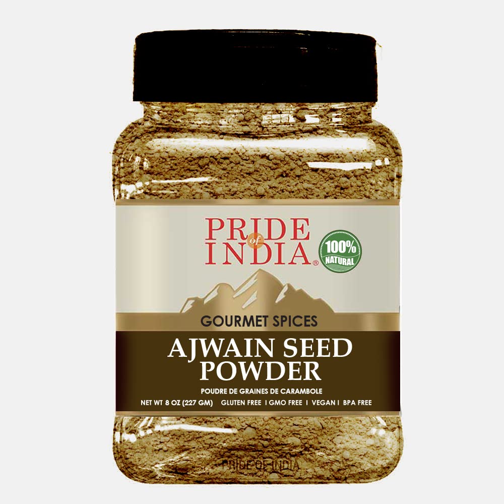 Pride of India - PACK of 6 - Ajwain Seed Powder – Gourmet Indian Spice – Made from Fresh Carom Seeds – Rich in Nutrients – Aromatic & Flavorful – Easy to Use - 8oz. Medium Dual Sifter Jar