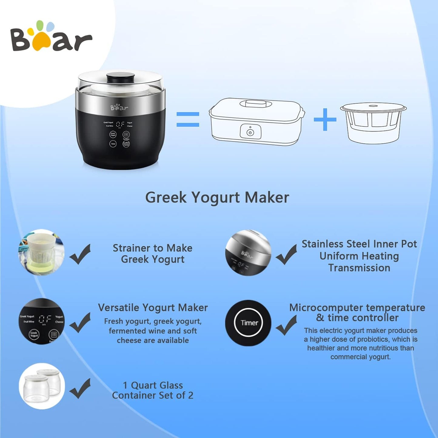 Bear Yogurt Maker, Greek Yogurt Maker Machine with Strainer and Timer Control, Stainless Steel Inner Pot, Automatic Digital with 2 Glass Jars 1 Quart for Home Organic Yogurt, Cheese, Fruit Wine