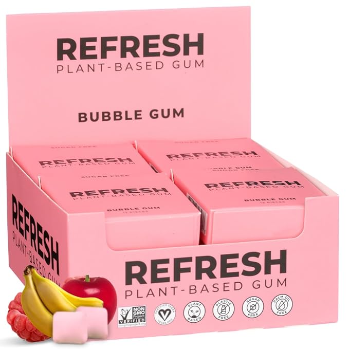 Refresh Gum, Xylitol, Sugar Free, Natural, Aspartame Free, Natural Flavors & Organic Ingredients, Plant-Based, Plastic Free, Non GMO, Gluten Free, Vegan, Bubble Gum Flavor, 12 Pcs, 12 Pack