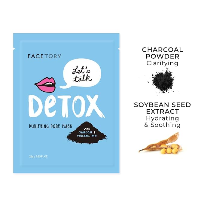 FACETORY K Beauty Face Mask Skin Care - LET'S TALK DETOX PURIFYING Sheet Mask with Charcoal & Volcanic Ash | Pore Refining Charcoal Face Mask (10 Pack)