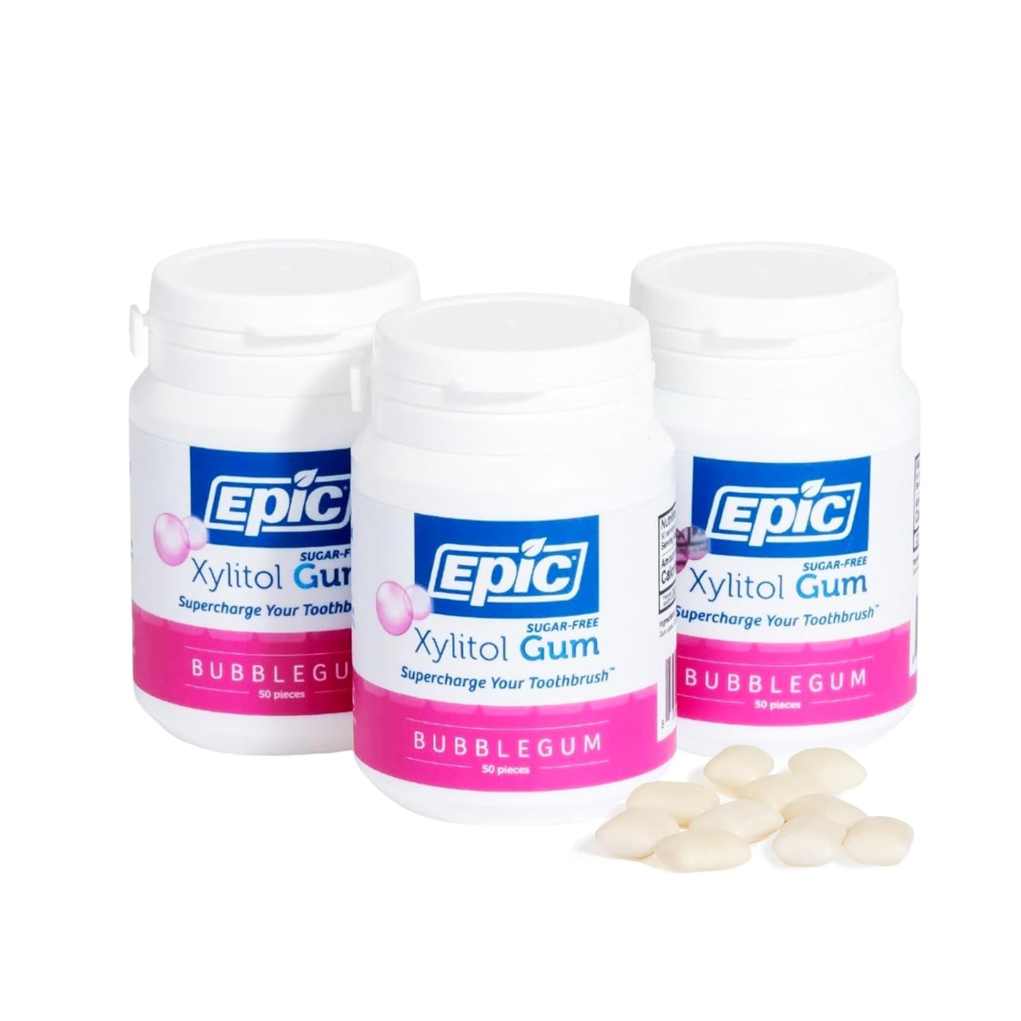 Epic 100% Xylitol Bubblegum Chewing Gum - Sugar Free, Aspartame Free Dental Gum - Supports Oral Health & Fresh Breath - 50 Pieces (Pack of 3)