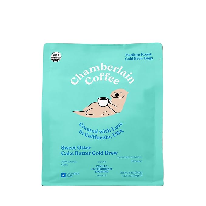 Chamberlain Coffee Sweet Otter Cake Batter Cold Brew Bags - XL Cold Brew Bags - Premeasured, Ready to Brew, Cold Brew Coffee Packs - Contains 4 XL Cold Brew Bags, Makes 4 Cups of Coffee Per Bag